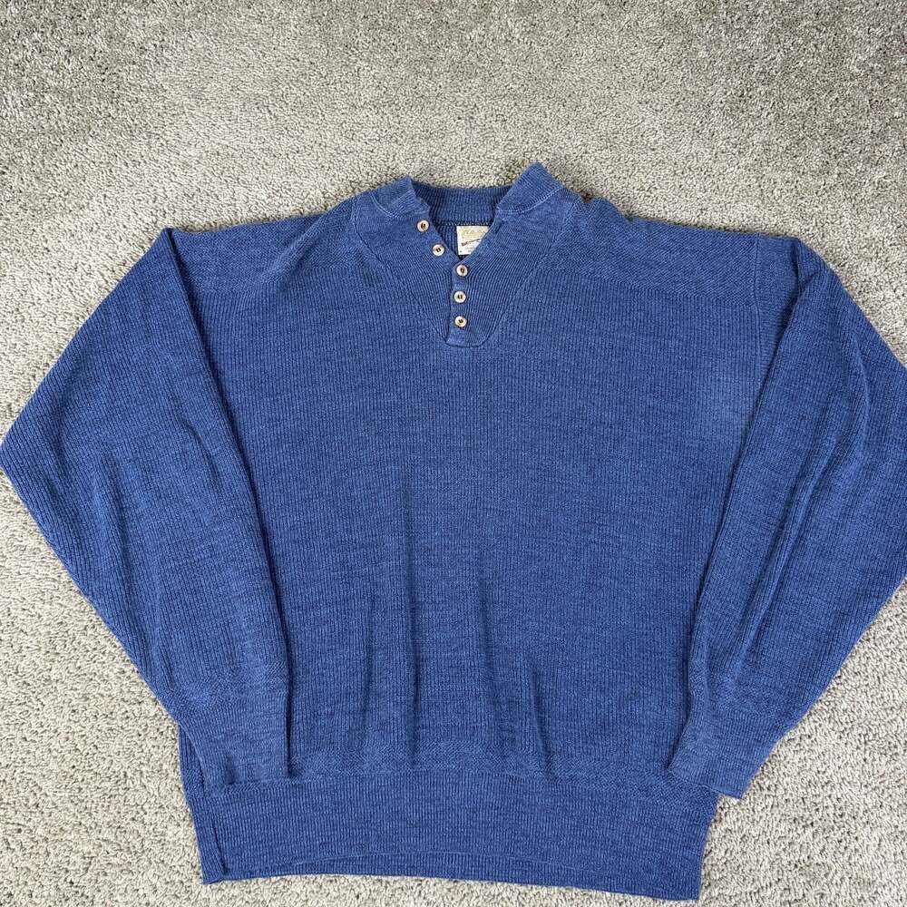 Vintage Cabela's Sweater Mens L Blue Mock Neck Henley Knit Pullover Long Sleeve